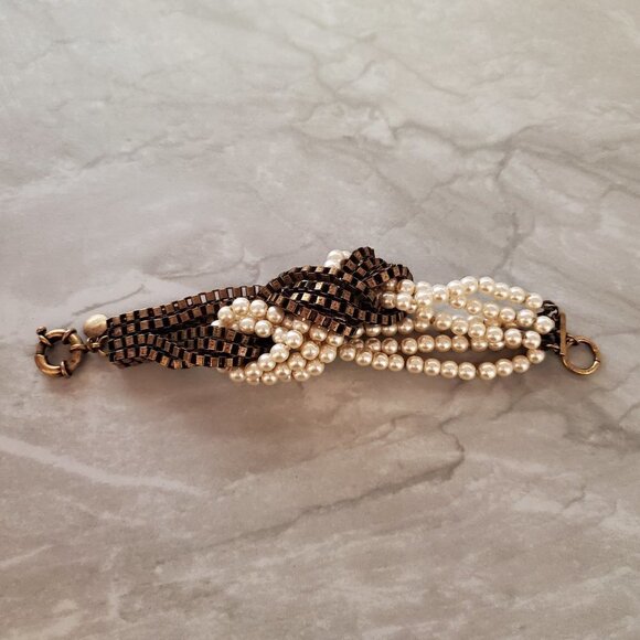 💕 J.Crew Twisted Knot Pearl Box Chain Antiqued Distressed Vintage Bracelet 💕 - Picture 1 of 12